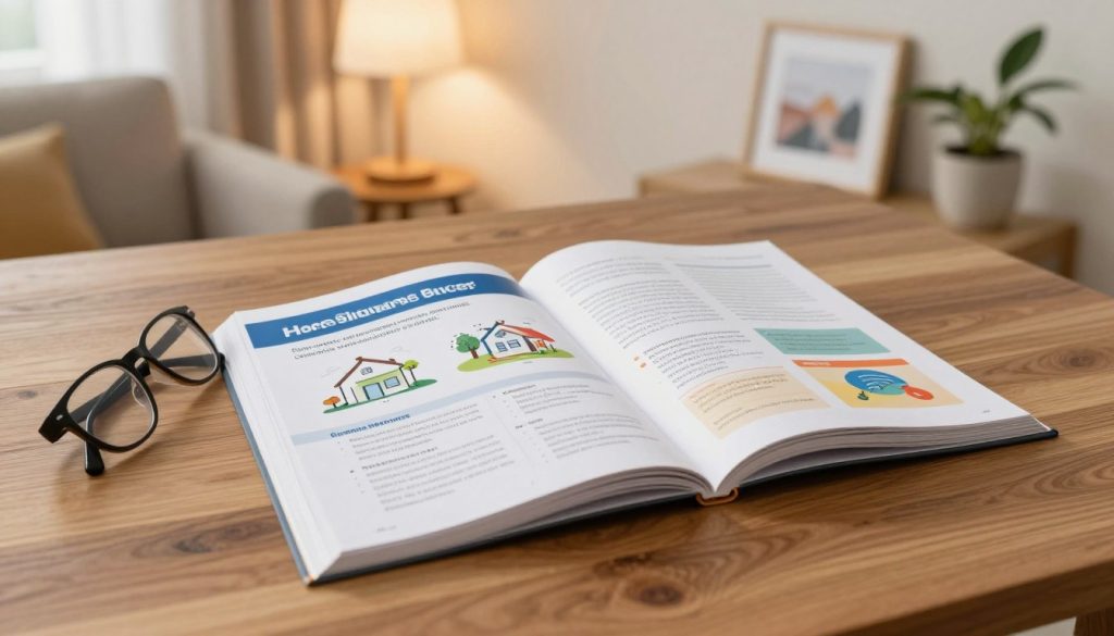 A detailed home insurance coverage guide displayed on a stylish wooden table. In the foreground, a pair of eyeglasses rests next to the guide, symbolizing careful reading. The middle ground features the open guide showcasing diagrams and key terms about home insurance coverage, highlighted on crisp, white pages with colorful infographics. In the background, a cozy living room scene with soft lighting emanating from a modern lamp creates a warm atmosphere. A potted plant and a framed picture on the wall add a personal touch, evoking a sense of home. The overall mood is informative yet inviting, emphasizing the importance of understanding home insurance in a friendly, accessible way.
