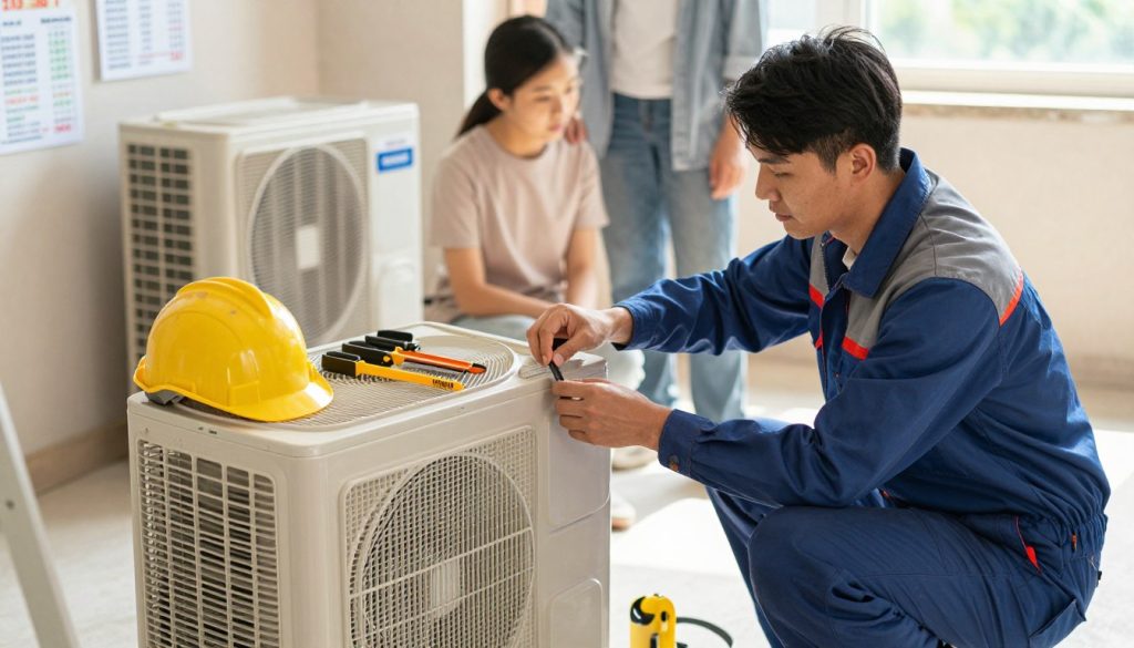 A detailed scene depicting a residential HVAC installation process, emphasizing the factors influencing replacement costs. In the foreground, a technician in professional attire is installing a modern air conditioning unit, tools and safety gear visible. In the middle ground, a family member observes, highlighting the importance of decision-making. In the background, a partially visible old HVAC unit and various quotes or price tags showing average costs are subtly integrated, giving context without text. The scene is illuminated by natural light streaming through a nearby window, creating a warm, inviting atmosphere. The camera angle is slightly elevated, capturing both the technician's focused work and the family's engagement, illustrating the collaboration in the replacement process.