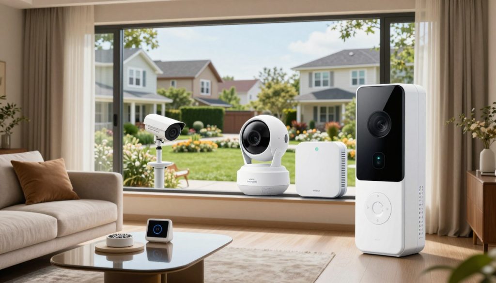 A modern smart home security system setup, showcasing a sleek security camera, doorbell camera, and smart sensor devices integrated into a stylish home environment. In the foreground, an elegant living room with a cozy couch and a coffee table adorned with smart devices, reflecting a warm and inviting atmosphere. In the middle, a large window displaying a vibrant garden, with the security systems clearly visible and operational. The background features a serene suburban neighborhood with well-kept houses under soft, natural lighting. The scene captures a sense of security and innovation, using a wide-angle lens to emphasize the integration of technology into daily life. The overall mood conveys safety and modern living, inspiring confidence in smart home security.