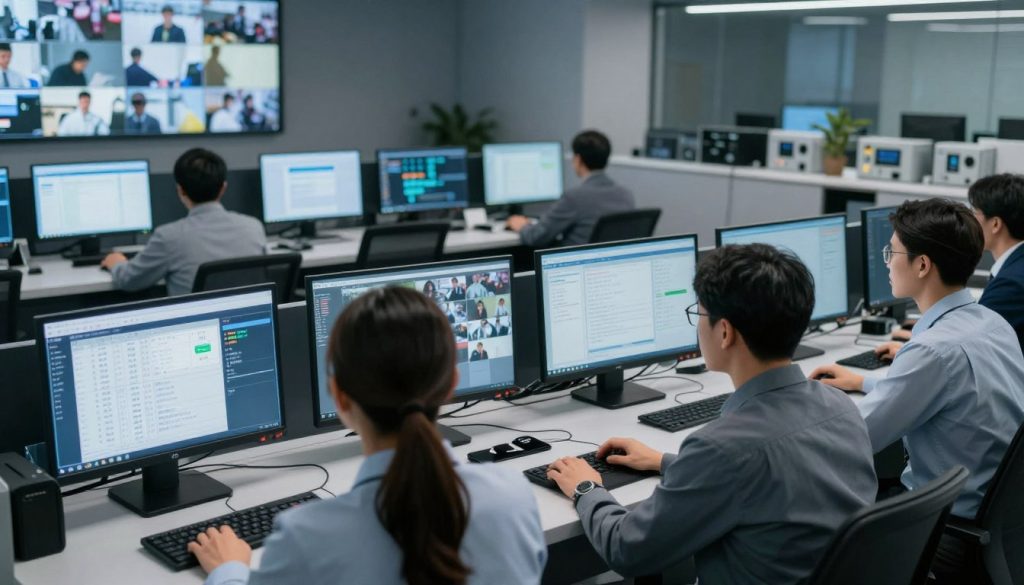 A professional alarm monitoring control room filled with advanced security equipment. In the foreground, a diverse team of three professionals in smart business attire, intently monitoring multiple computer screens displaying live security feeds and alarm statuses. The middle ground showcases modern technology, including high-definition monitors and sophisticated alarm systems. The background features a sleek, organized workspace with soft ambient lighting, emphasizing a serious yet calm atmosphere. The scene captures a sense of vigilance, professionalism, and trust. The lighting is soft and focused, with a cool color palette to convey a sense of security. Shot from a slightly elevated angle to provide a comprehensive view of the setup and teamwork in action.