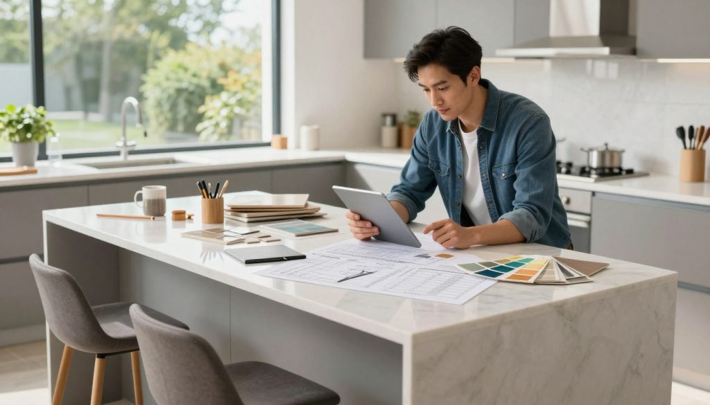 A stylish kitchen remodel scene with a modern design, showcasing a sleek island with a glossy countertop and contemporary bar stools. The foreground features tools and materials like paint swatches, tile samples, and a budget sheet spread out on the island. In the middle, a home improvement consultant in professional attire is analyzing the budget with a focused expression, holding a tablet. Bright, natural lighting streams through large windows, illuminating the space and creating an inviting atmosphere. The background offers glimpses of vibrant greenery outside. The overall mood should convey optimism and inspiration for planning a cost-effective kitchen remodel, emphasizing clarity and organization in budgeting and planning.