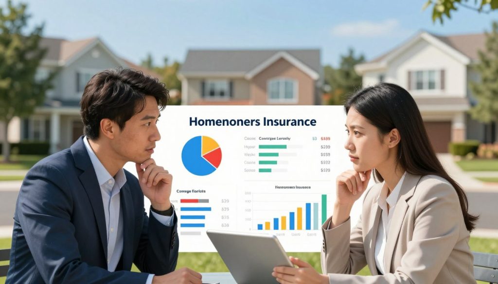 A visually appealing illustration of a homeowners insurance comparison. In the foreground, there are two professional figures, a man and a woman, dressed in business attire, engaged in a discussion while looking at a tablet. Their expressions are thoughtful, reflecting the importance of making informed decisions. The middle section features a large infographic with various homeowners insurance options, displayed as colorful pie charts and graphs, showing coverage levels and premiums. In the background, a cozy suburban neighborhood is visible, with well-kept homes under a clear blue sky, symbolizing security and community. The lighting is bright and welcoming, creating an optimistic atmosphere, captured with a slight depth of field to emphasize the subjects in the foreground.